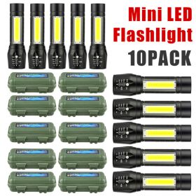 Mini Flashlight LED COB Torch Rechargeable High Lumens Zoomable Adjustable Focus Camping Light 3 Modes For Outdoor Waterproof (Option: 10PCS)